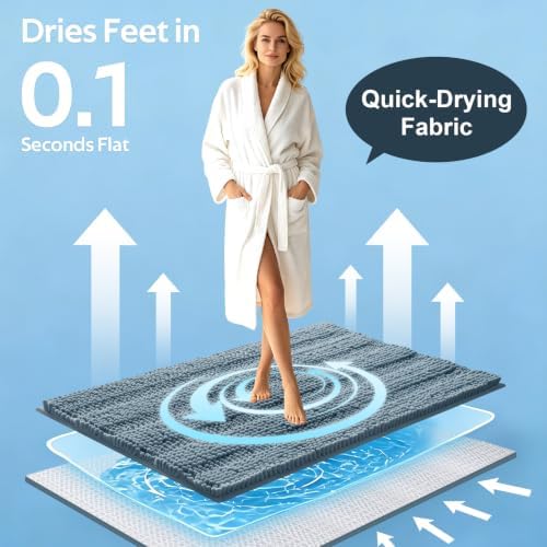 SmileYes Striped Haze Blue Bathroom Rug Set 3 Pieces Ultra Soft, Non Slip Chenille Bath Carpet, Absorbent Plush Shaggy Bath Mats for Bathroom, Bedroom, Stone Blue