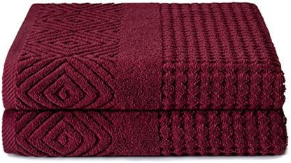 Texere 100% Organic Cotton Diamond Jacquard 700 GSM Luxury Bath Towel Sets - Ultra Soft and Absorbent Hotel and Spa Quality (Diamond, Merlot, 2 Bath Towels)