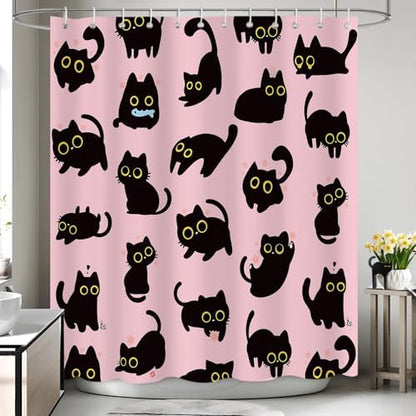 APROPHIC Cute Cat Shower Curtain 72x72 Inches, Funny Black Kitten Pattern Waterproof Polyester Bathroom Decor for Bathtub, Machine Washable Privacy Curtain for Bathroom, Bedroom with 12 Hooks Pink
