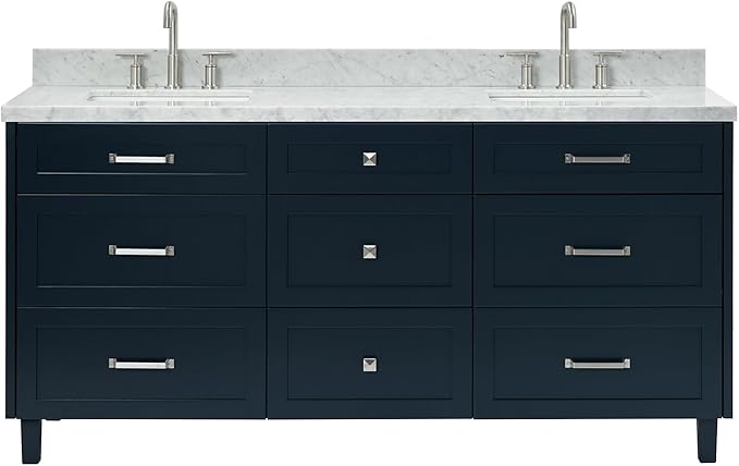 ARIEL Monroe 72-inch Bathroom Vanity with Sink,Solid Wood, 1.5-inch Italian Carrara Marble Countertop & Backsplash, Double Oval Porcelain Sink, 9 Dovetail Drawers, Brushed Nickel, Midnight Blue