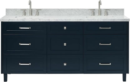 ARIEL Monroe 72-inch Bathroom Vanity with Sink,Solid Wood, 1.5-inch Italian Carrara Marble Countertop & Backsplash, Double Oval Porcelain Sink, 9 Dovetail Drawers, Brushed Nickel, Midnight Blue
