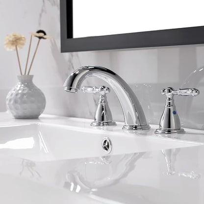 Chrome 8 Inch 3 Hole Widespread Bathroom Faucet with Metal Pop Up Drain, Lesd Free Bathroom Sink Lavatory Faucet, WF008-4-C