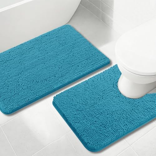 Bathroom Rugs Chenille, Extra Thick and Absorbent, Non-Slip, Machine Washable, Dry Quckily, Soft Cozy Plush, Used Under Shower Bathtub and Sink, Bath Mat Sets Turquoise