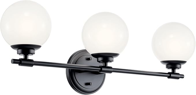 Kichler Benno 3-Light Vanity, Modern Light with Opal Glass in Black, for Bathroom or Powder Room (8.75" x 24.5"), 55172BK