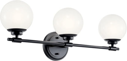 Kichler Benno 3-Light Vanity, Modern Light with Opal Glass in Black, for Bathroom or Powder Room (8.75" x 24.5"), 55172BK