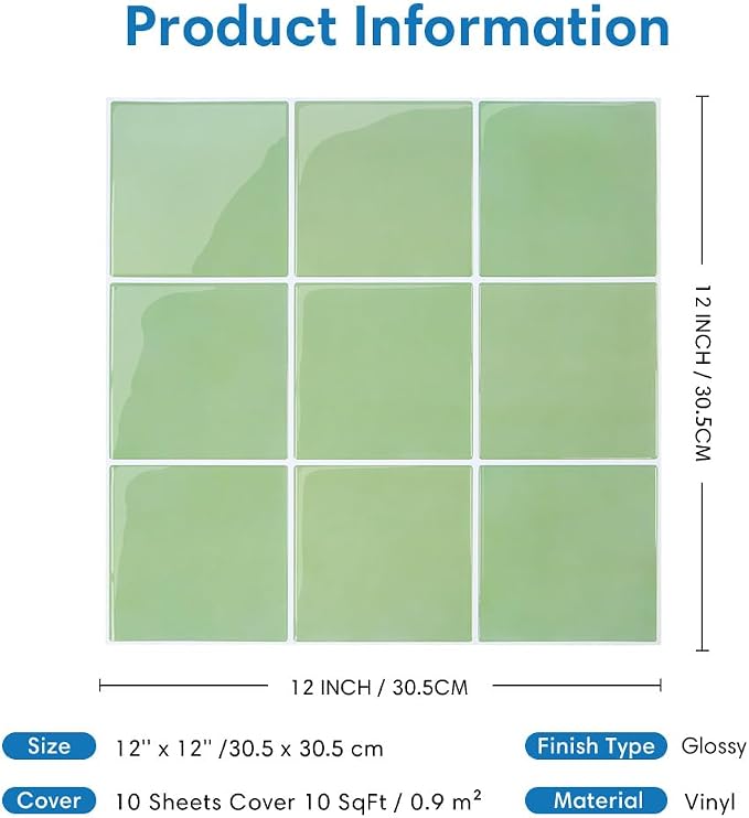 Thicker 3D Peel and Stick Backsplash Tiles, 10 Pcs 12" x 12" | Green, Glossy Self Adhesive Vinyl Backsplash Wall Sticker for Kitchen Bathroom DIY Wall Makeover, Cover 10 sq ft，Removable