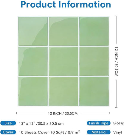 Thicker 3D Peel and Stick Backsplash Tiles, 10 Pcs 12" x 12" | Green, Glossy Self Adhesive Vinyl Backsplash Wall Sticker for Kitchen Bathroom DIY Wall Makeover, Cover 10 sq ft，Removable