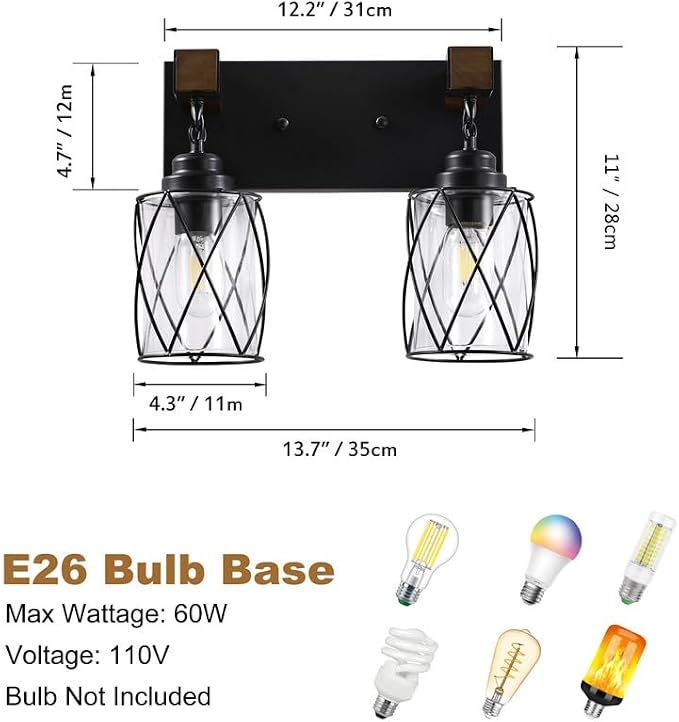 Bathroom Light Fixtures,Farmhouse Black Metal with Glass Shade | 2 Light Rustic Vanity Lights, Wood Accent Wire Cage Design, Mounts Over Mirror, Ideal for Bedroom & Hallway,Easy to Install