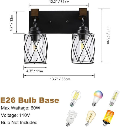 Bathroom Light Fixtures,Farmhouse Black Metal with Glass Shade | 2 Light Rustic Vanity Lights, Wood Accent Wire Cage Design, Mounts Over Mirror, Ideal for Bedroom & Hallway,Easy to Install