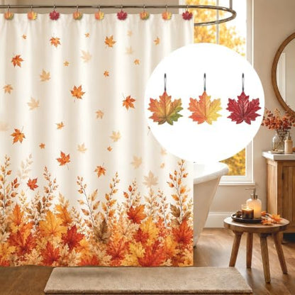 Sunlit Maple Leaf Shower Curtain Hooks, Yellow to Red Ombre Fall Autumn Shower Curtain Rings for Bathroom, Decorative Resin Maple Leaves Curtain Hangers, Bath Accessories, Set of 12