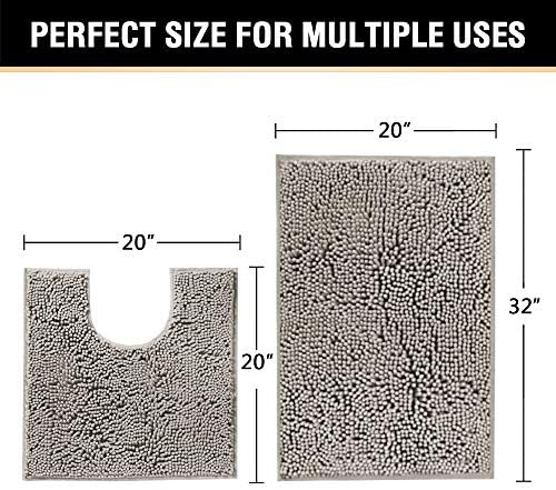 H.VERSAILTEX Original Shaggy Chenille 2 Piece Bath Rug Set, 20x20 Square U-Shape Contoured Toilet Mat & 32x20 Carpet Rug, Machine Wash/Dry Mats, Soft, Plush Rugs for Tub Shower (Dark Grey)