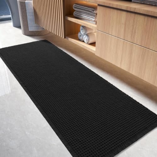 tchdio Waffle Bath Mat-Runner Rug, Super Absorbent Non Slip Bath Mats for Bathroom Machine Washable Long Rugs with Tassels, Bath Rugs for Bathroom Floor Beside Tub, 2' x 4'(24" x 48"), Black