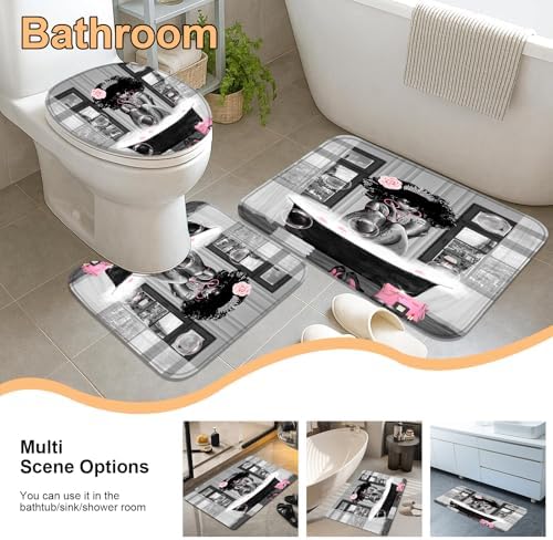 4Pcs African American Shower Curtain Sets with Rugs, Black Girl Shower Curtain for Bathroom Decor Sets with Paris Eiffel Tower Art Pattern, Grey Waterproof juego de baño, with 12 PCS Hooks