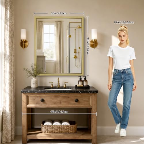 Bathroom Mirror, 30 x 36 inch Natural Wood Grain Colored Aluminum Metal Frame Bathroom Vanity Mirror, Rectangle Wall Mirror for Bedroom Living Room, Tempered Glass, Horizontal or Vertical