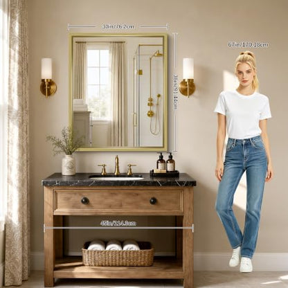 Bathroom Mirror, 30 x 36 inch Natural Wood Grain Colored Aluminum Metal Frame Bathroom Vanity Mirror, Rectangle Wall Mirror for Bedroom Living Room, Tempered Glass, Horizontal or Vertical