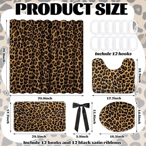 AnyDesign 28 Pcs Leopard Shower Curtain Set with Non-Slip Bath Mat U-Shaped Rug Toilet Lid Cover Cheetah Print Shower Curtain with Hooks and Black Ribbons for Bathroom Accessories & Decor