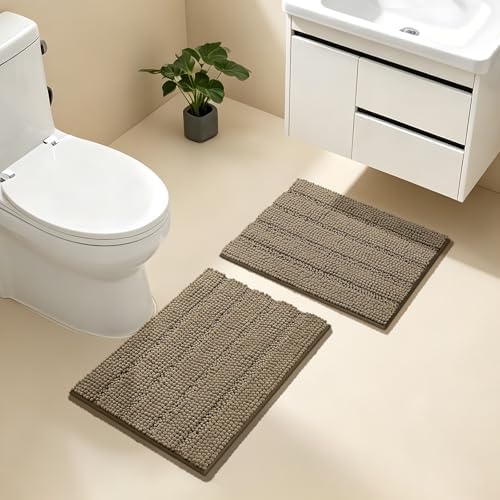 Bcoimo Bath Rugs Mat Set,2 Piece Non Slip Chenille Latte Bathroom Mat Sets