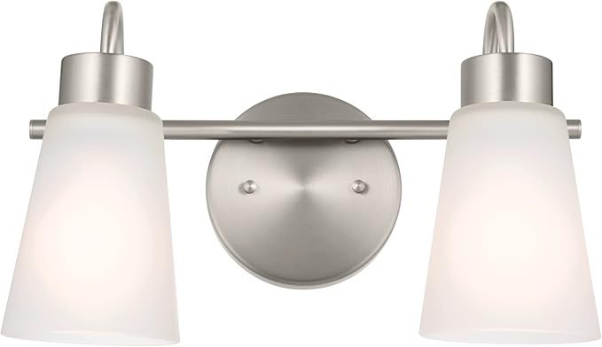 Kichler Erma 2-Light Bathroom Vanity Light Fixture with Clear Satin Etched Glass, Updated Traditional Wall Light in Brushed Nickel, (13.5" x 8.5")
