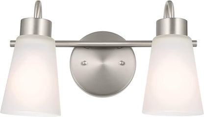 Kichler Erma 2-Light Bathroom Vanity Light Fixture with Clear Satin Etched Glass, Updated Traditional Wall Light in Brushed Nickel, (13.5" x 8.5")