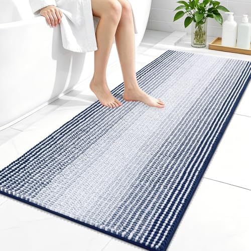 OLANLY Bathroom Runner Rugs 47x24, Soft Chenille Striped Bath Rugs, Navy
