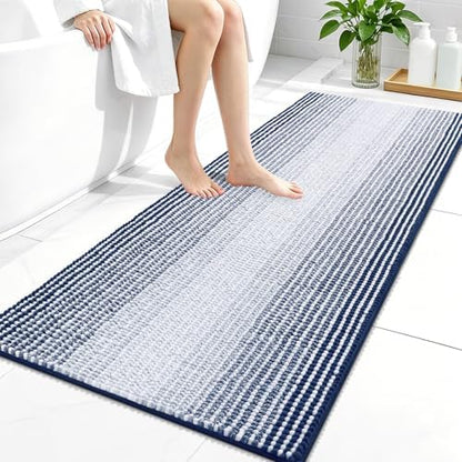 OLANLY Bathroom Runner Rugs 47x24, Soft Chenille Striped Bath Rugs, Navy