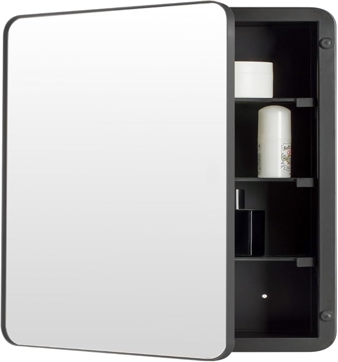 20’’x20’’ Medicine Cabinet,Metal Framed Medicine Cabinet Mirror with Round Corner,Recessed and Surface Mount Bathroom Mirror with Storage, Removeable Shelves,Dark Gray Frame