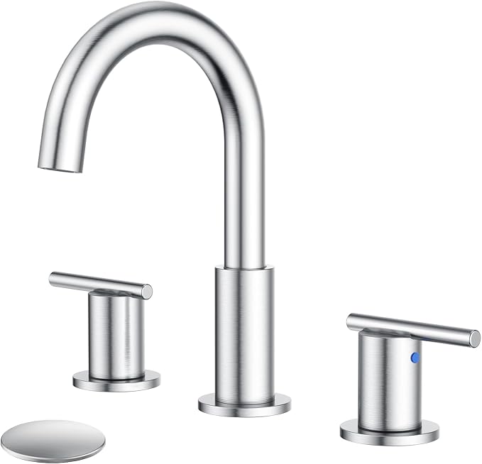 Bathroom Faucet 8 Inch, Brushed Nickel Widespread Sink Faucet | 360° rotating spout and pop-up drain for vanity, RV and outdoor sinks.