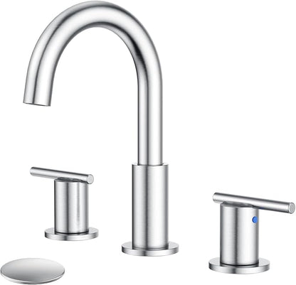 Bathroom Faucet 8 Inch, Brushed Nickel Widespread Sink Faucet | 360° rotating spout and pop-up drain for vanity, RV and outdoor sinks.