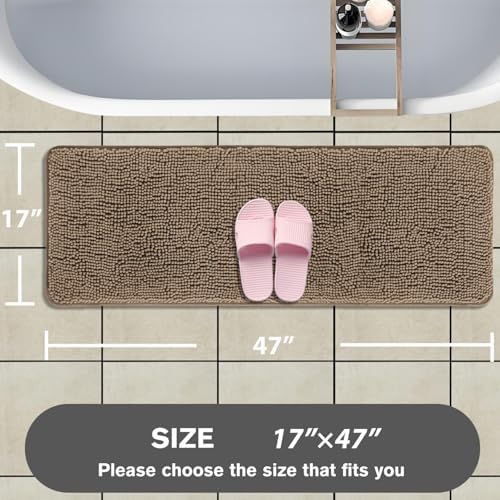 Bathroom Runner Rug 47 x 17 Inch – Long Bath Mat | Absorbent and Washable Thick Chenille Bath Rug Non-Slip Runner Rug for Bathroom, Shower, Sink(Taupe)