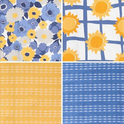 Ritz 4-Piece Kitchen Towel Set, Field Blossoms Floral & Le Soleil Sun Grid Prints with Yellow & Blue Textured Terry, 100% Cotton & Absorbent Blend, 16" x 26", French Country Summer Kitchen Decor