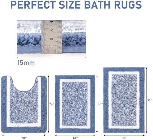 Pauwer 3 Piece Bathroom Rug Set, Non Slip Washable Bath Mat, Blue