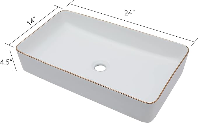 Vessel Sink Rectangular For Bathroom - Fulorni 24"x14" White Bathroom Vessel Sink with Gold Rim Above Counter Rectangle Vanity Lavatory Bath Sink Basin