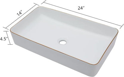 Vessel Sink Rectangular For Bathroom - Fulorni 24"x14" White Bathroom Vessel Sink with Gold Rim Above Counter Rectangle Vanity Lavatory Bath Sink Basin