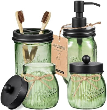 Amolliar 4PCS Bathroom Accessories Set, Green Glass Organizer Sets, Black
