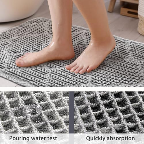 ZALL Waffle Bath Mat,Super Absorbent Non Slip Bathroom Rug,Grey 24X72inch, Geometric Diamond Machine Washable Ultra Soft Floor Mats Gray