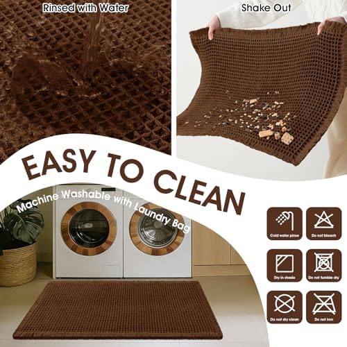 Waffle Bath Mat Set 3 Piece, Boho Woven Modern Bath Rug Absorbent Non Slip, Soft Bathroom Mats, Machine Washable Knit Bath Rugs with Herringbones for Bathroom, Bedroom, Kitchen, Shower, Tub, Brown