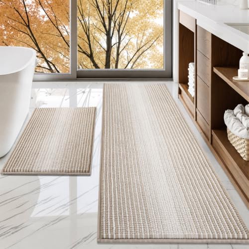 BSICPRO Bathroom Rugs Sets 2 Piece, Non Slip Boho Bath Mats, Light Taupe