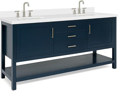 ARIEL Bayhill 72-inch Bathroom Vanity with Sink,Solid Wood, 1.5-inch Pure White Quartz Countertop & Backsplash, Double Oval Porcelain Sink, 2 Soft Closing Doors, 3 Dovetail Drawers, Midnight Blue
