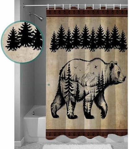 Shower Curtain Bathroom Set Bear Forest Mountains Animal Silhouette Waterproof Shower Curtains with Grommets Hooks Vintage Brown Gradient Privacy Bath Curtain for Bathtub Decor 60x72in