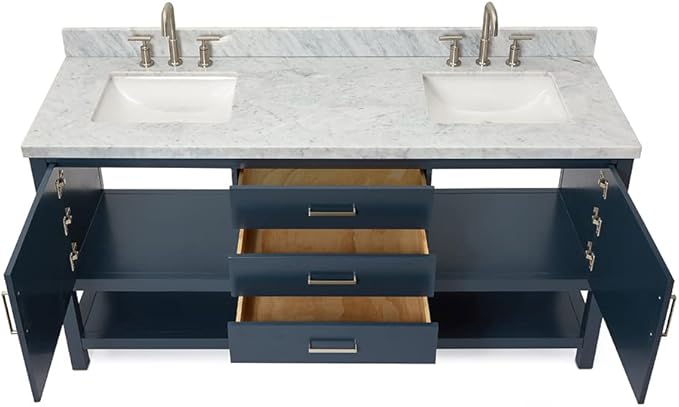 ARIEL Bayhill 72-inch Bathroom Vanity with Sink,Solid Wood, 1.5-inch Italian Carrara Marble Countertop, Double Rectangular Porcelain Sink, 2 Soft Closing Doors, 3 Dovetail Drawers, Midnight Blue