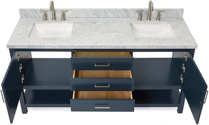 ARIEL Bayhill 72-inch Bathroom Vanity with Sink,Solid Wood, 1.5-inch Italian Carrara Marble Countertop, Double Rectangular Porcelain Sink, 2 Soft Closing Doors, 3 Dovetail Drawers, Midnight Blue