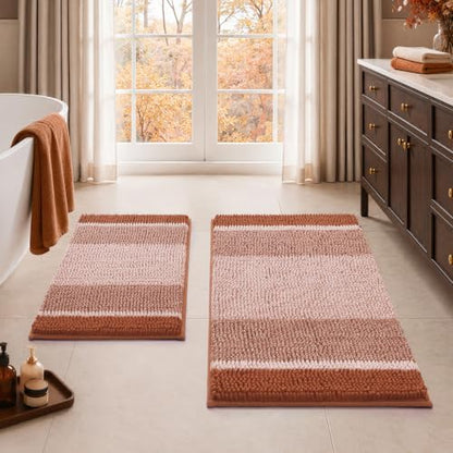 HOMEIDEAS Burnt Orange Bathroom Rugs Set, Chenille, 20"x32"+17"x24"