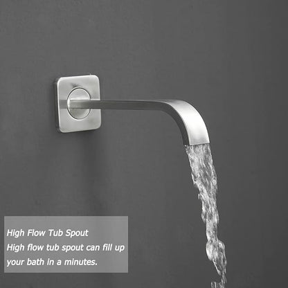 Brushed Nickel Rain Shower System Tub Shower Faucet Set 12 Inch Square Rainfall Shower Head with Handheld Sprayer and Tub Spout Rough-in Valve Shower Mixer Combo Kit