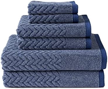Texere 100% Organic Cotton Jacquard 650 GSM Premium Bath Towel Sets - Extra Absorbent Quick Dry and Plush, 2 Large Bath Towels, 2 Hand Towels, 2 Washcloths (Cable, Estate Blue, 6 Piece)