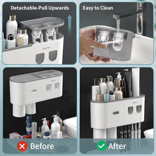 Toothbrush Holders for Bathrooms Wall Mounted, 6 Slot Toothbrush Holder with 2 Automatic Toothpaste Dispensers, 2 Magnetic Cups, Large Capacity Bathroom Organizer, Wall Storage with Drawer