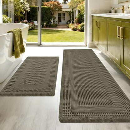 Upgraded Waffle Bath Mat Set 2 Piece Greyish Green-Looped, Super Absorbent Non-Slip Quick Dry Bathroom Rugs with Tassels, Machine Washable Ultra Soft Boho Bath Rugs, Toilet Mats Boho Farmhouse Decor