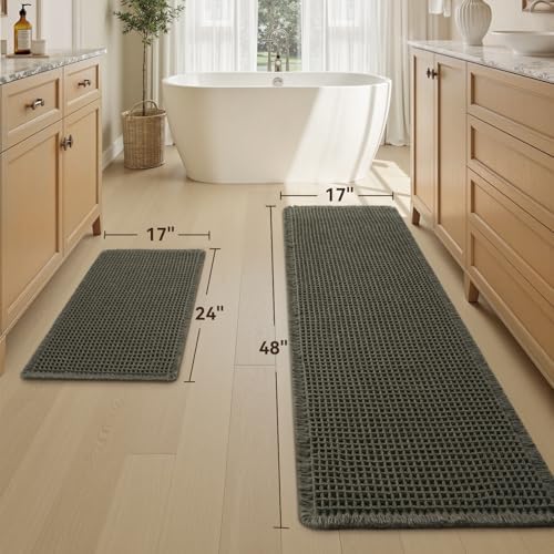 Upgraded Waffle Bath Mat Set of 2 Absorbent Bathroom Mat 17"x24" + 17"x48"