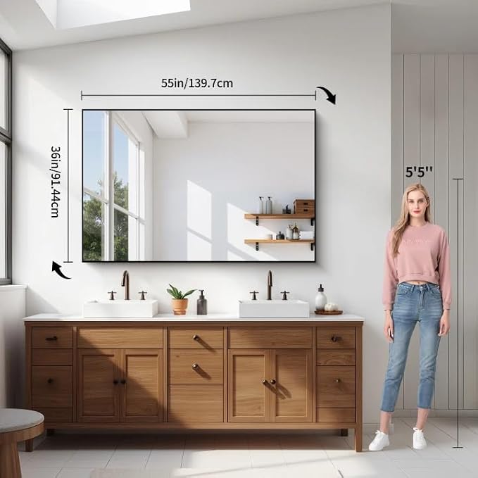 YIROMAN Bathroom Mirror 55"x36", Large Matte Black Bathroom Mirror for Over Sink with Aluminum Frame, Rectangular Vanity Mirror with Right Angle, Wall Mirror Hangs Horizontal or Vertical, Shatterproof