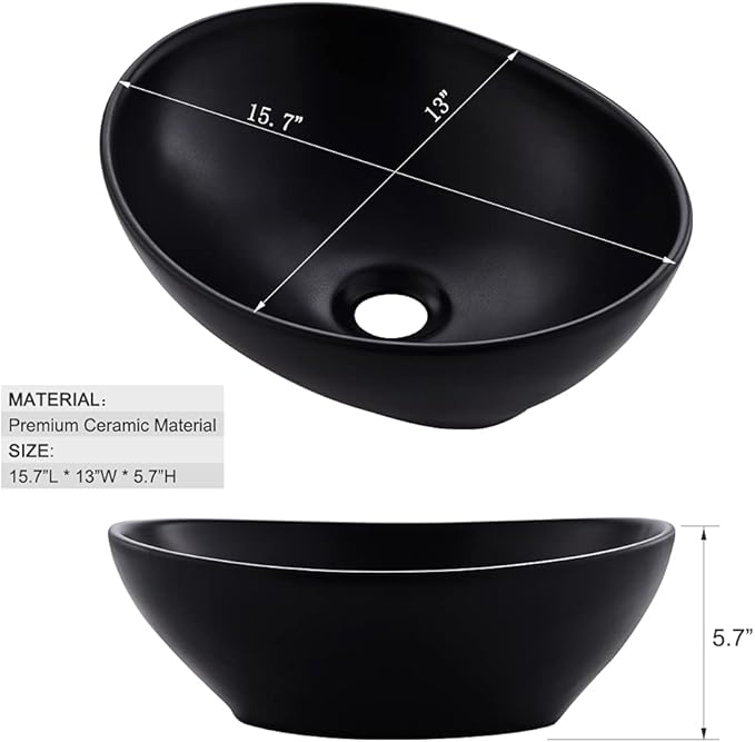 16x13 Matte Black Vessel Sink With Faucet and Drain Combo - Oval Porcelain Ceramic Above Counter Bathroom Sink