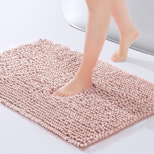 FRESHMINT Chenille Bathroom Rugs Mat 32”x20”, Non-Slip Bath Mat for Bathroom Floor & Bathtub, Washable Soft Shower Shag Bath Rugs, Fluffy Thick Water Absorbent Microfiber Shower Mat, Dusty Pink